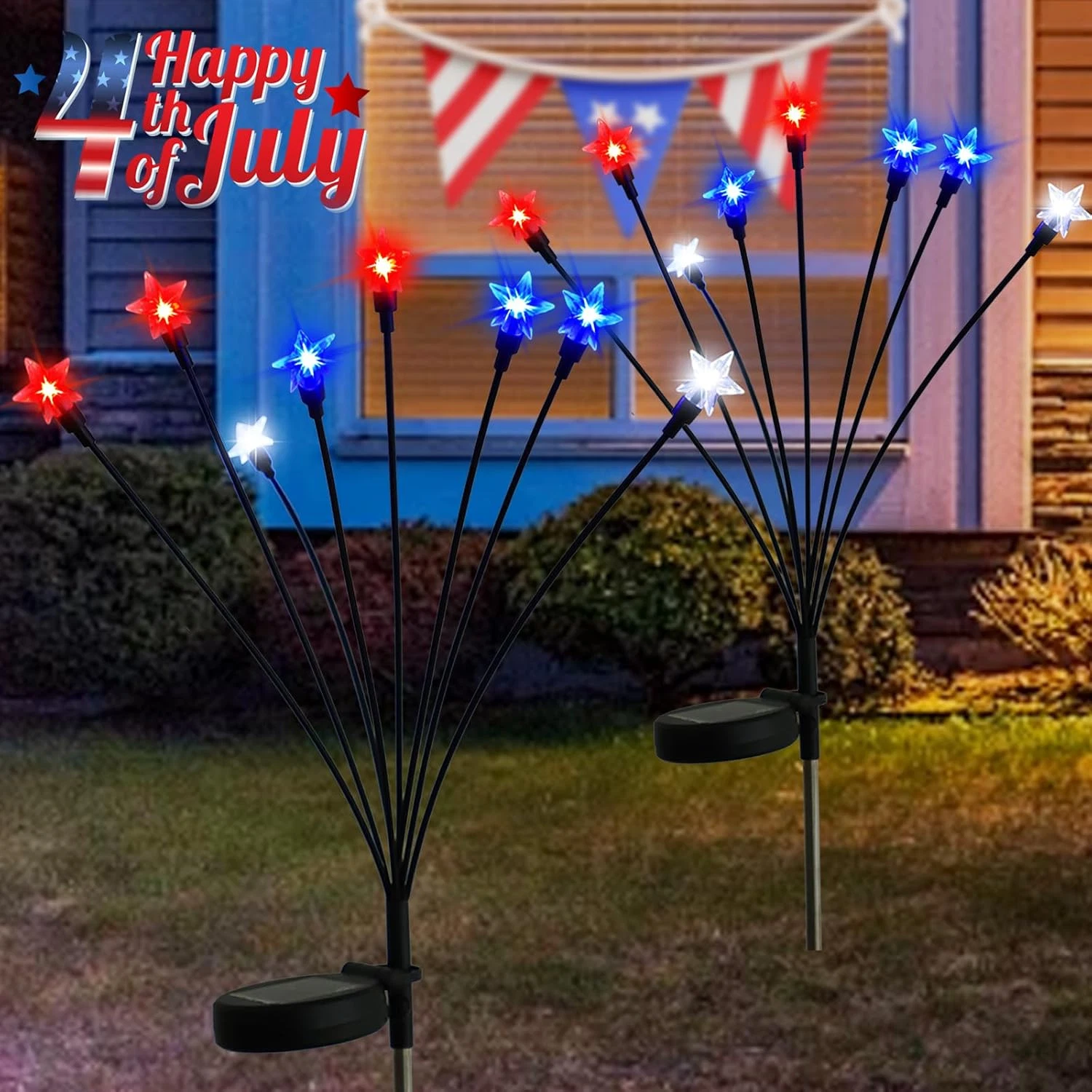 4Th of July Decorations Outdoor Solar Star Swaying Lights, 2Pack Red White and B