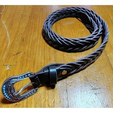 Braided Leather Belt Western Horseshoe Buckle Italy Black Turquoise Vtg