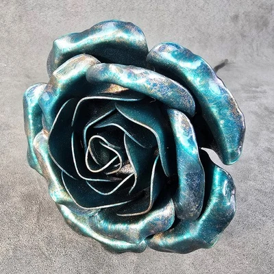 HANDCRAFTED Rosa Artigianale Acciaio IRIDESCENTE TEAL - Giardino Anniversario Matrimonio Per Sempre