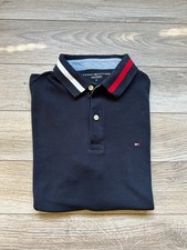 Tommy Hilfiger Polo Shirt Med Blue with Red White Stripe Collar