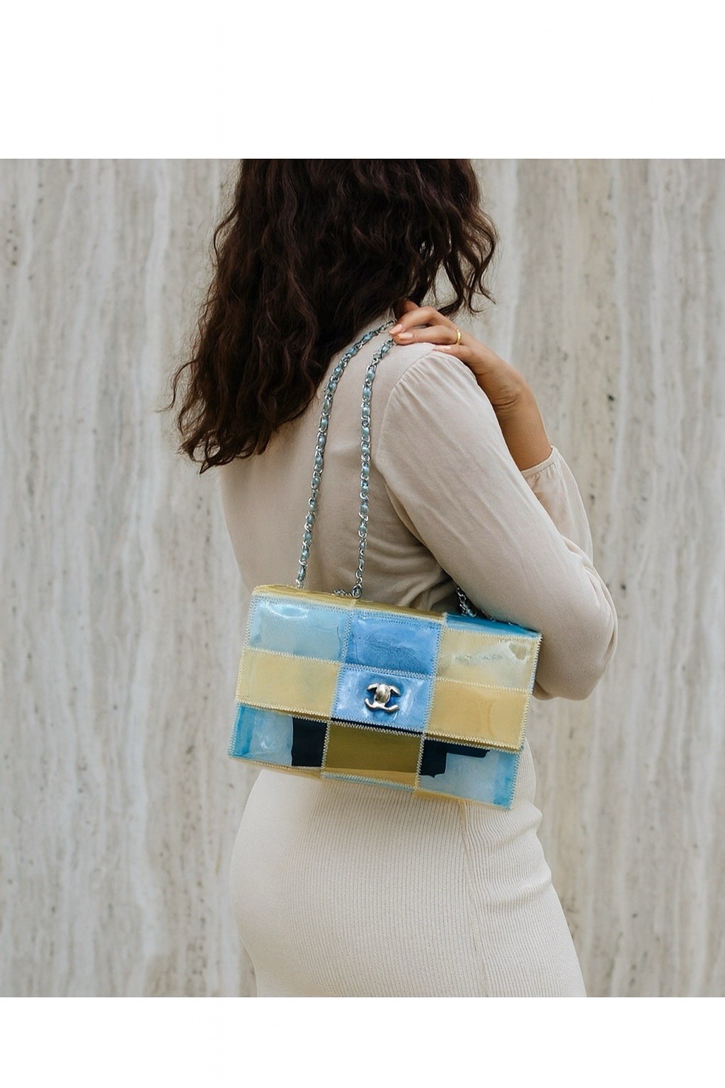 Rare Vintage CHANEL Blue and Beige PVC Stitched Patchwork CC Logo Shoulder Bag image 2