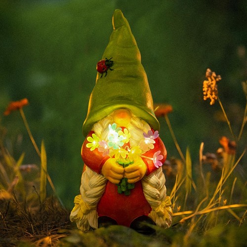 Solar Garden Gnome Lady Statues Outdoor Gnomes with Flowers Lights Porch Pati...
