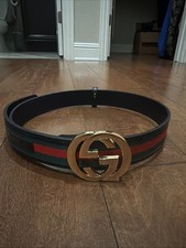 Gucci Belt Gold Buckle Black With Red And Green Stripe Size 33-35 - 105 Cm