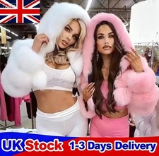 NEW Women Faux Fur Hood Shaggy Short Jacket Winter Cropped Top Coat Warm Outwear