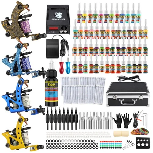 Solong Tattoo Complete Tattoo Kit 4 Pro Machine Guns 54 Inks Power Supply Foot - product listing photo