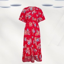 Ex Women's Plus Size Floral Print Dipped Hem Midi Dress in Red