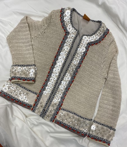 Tory Burch Leinenjacke Donovan perlengehäkelter Pullover Cardigan Damen Größe S