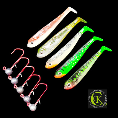 5x 7cm Shad / 5x Jigkopf Gummifisch Neuheit Stint Kauli Uklei Zander Barsch Pike