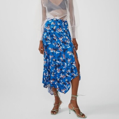 ZARA Women's Skirt XS Asymmetrical Floral Midi Blue