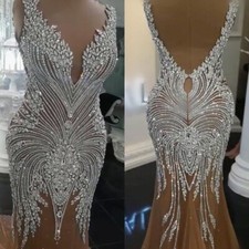Luxury Crystals Mermaid Wedding Dresses | V-Neck Backless Champagne Bridal Gowns