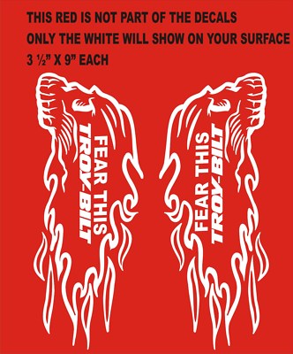 DX  PAIR OF TROY BILT  FEAR THIS  FLAMING HEAD  DECALS 1L & 1R SIDE 3 1/2X9