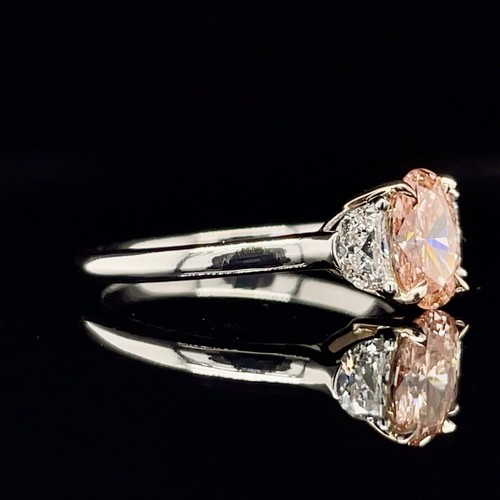 Fancy Vivid Oval Pink Diamond Lab Grown Ring W 2 Half Moons In Platinum - Picture 7 of 7