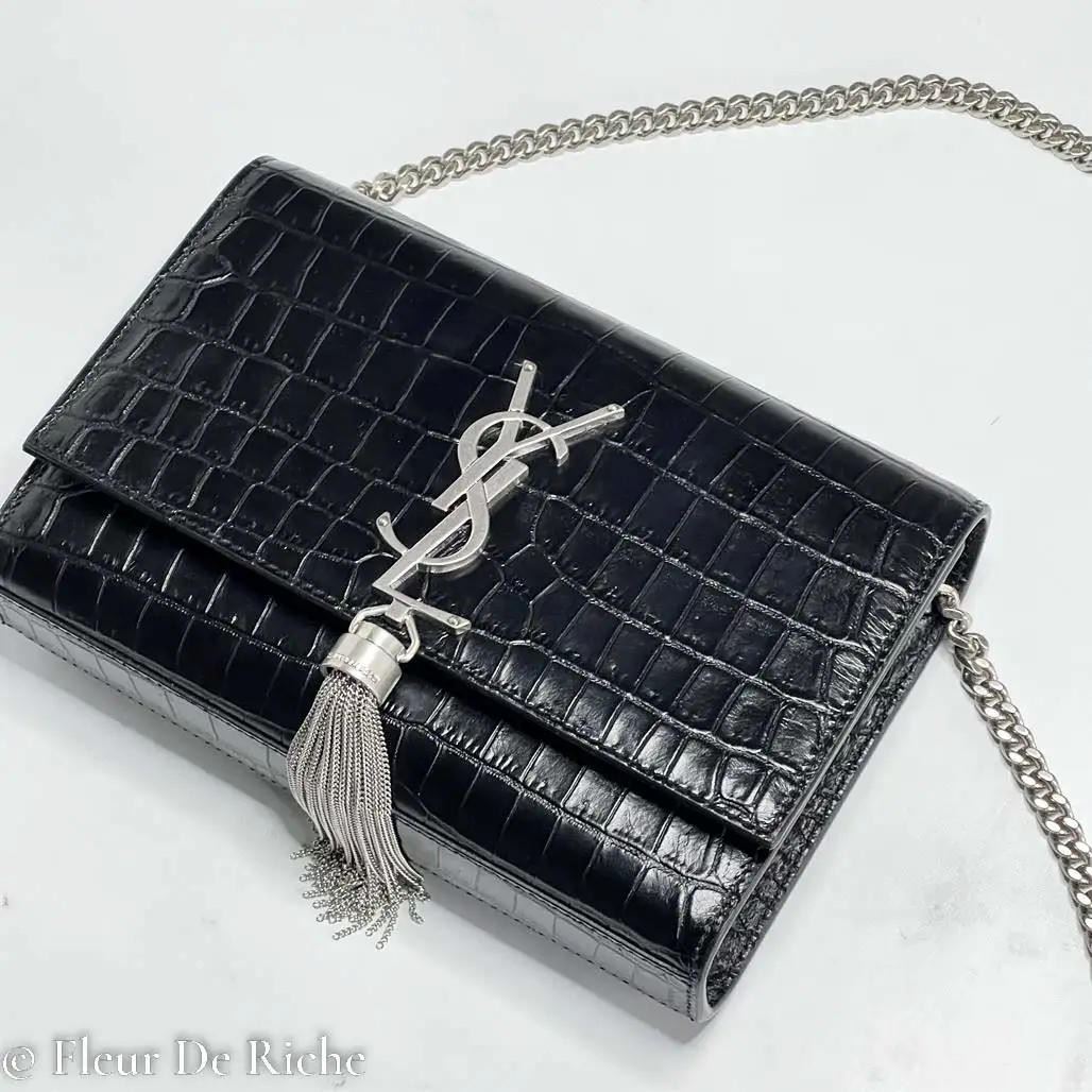 サンローラン カリゴラ バッグ カーフスキン ロゴ ブラック Saint Laurent Kate Tassel Chain Croc Embossed Shoulder Bag