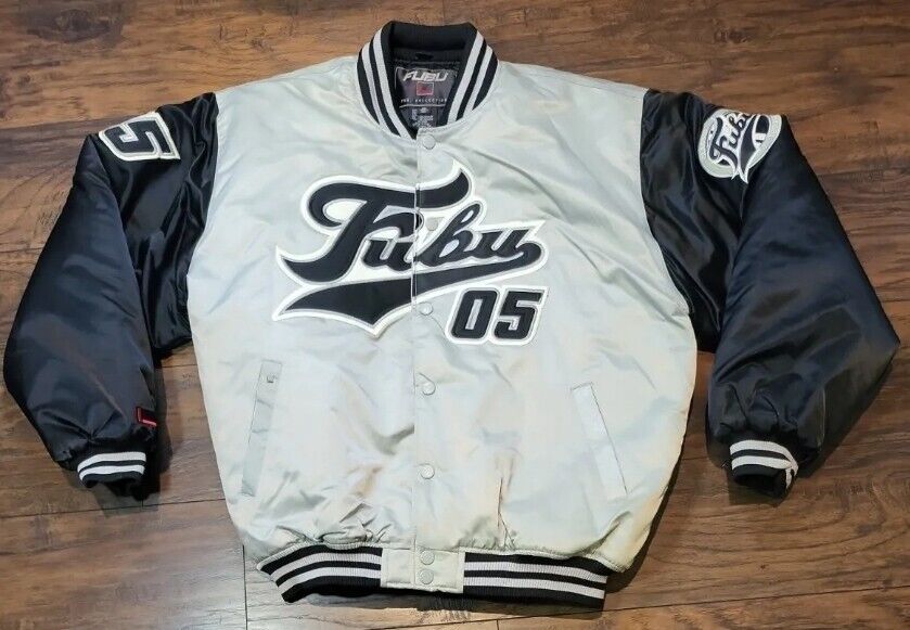 FUBU 05 Two Tone Varsity Satin Jacket Mens 2XL Gray/Black FUBU 05 Two Tone Varsity Satin Jacket Mens 2XL Gray/Black