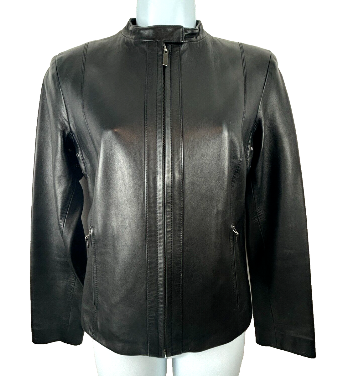Cole Haan Women's Lambskin Leather Moto Biker Jacket Black Size XS