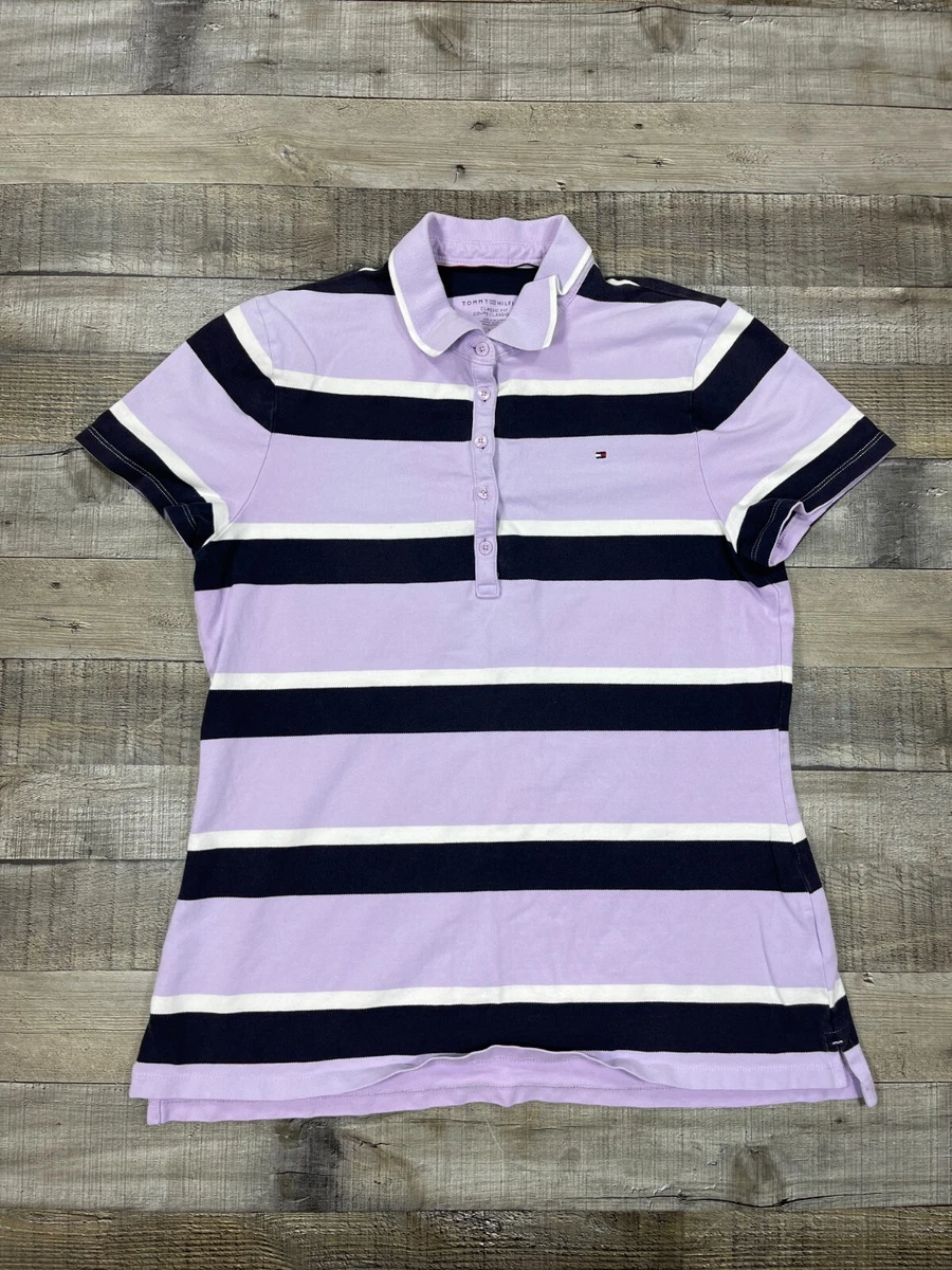 Hilfiger Polo Shirt Womens Large Purple Striped Classic Slim Casual Top | eBay