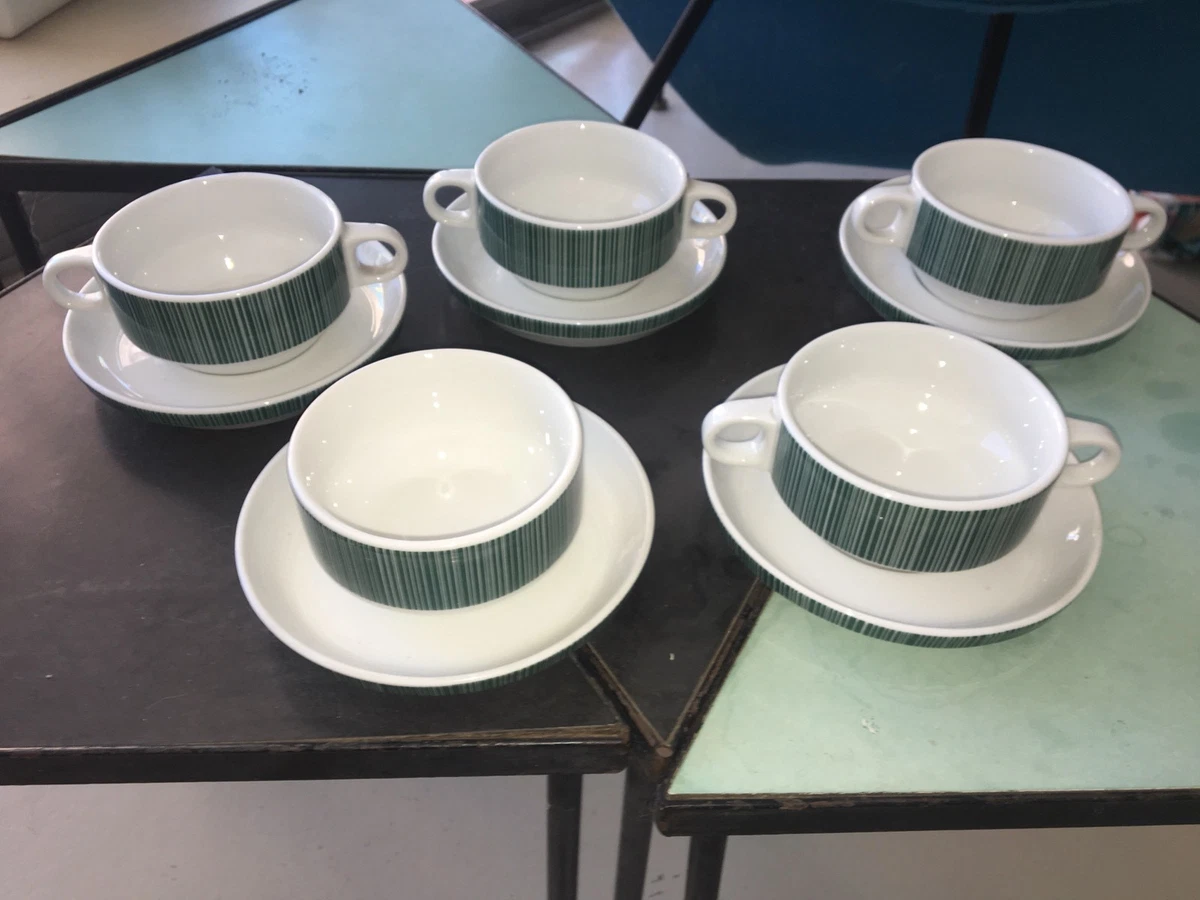 (4) RARE THOMAS Rosenthal TC100 Green White CREAM SOUP BOWLS Bauhaus GERMANY