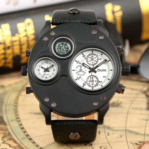 Oulm Men's Watches Black Leather Dual Time Zone Wristwatch Quartz Big Size Watch - Picture 5 of 9