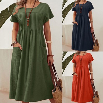 Damen Kurzarm Sommerkleid Midikleid mit Taschen Baggy Freizeitkleid Faltenkleid