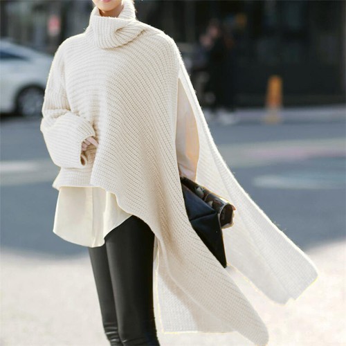 Womens Oversized Long Sleeve Turtleneck Irregular Splits Sweater Tops Pullover - Picture 13 of 18