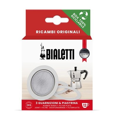 Bialetti Replacement Gaskets (3) & Filter Plate (1) for 12-Cup Moka Pot