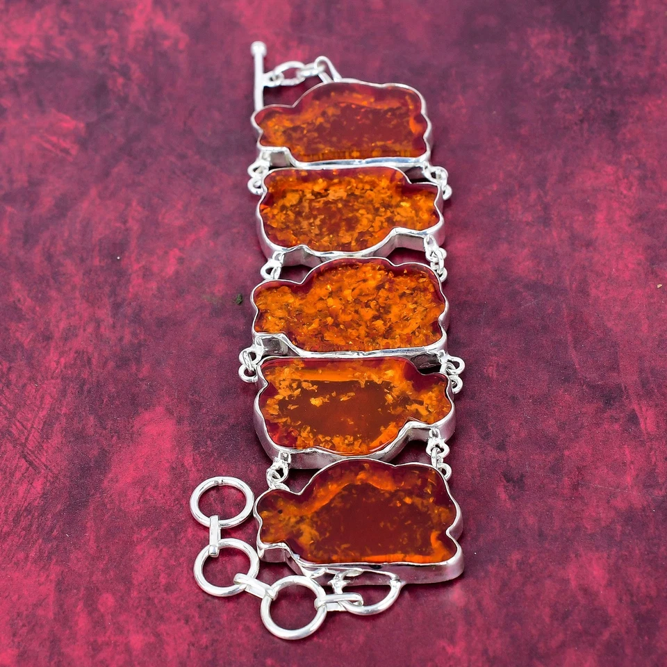 Pulseira incrível de prata esterlina 925 feita à mão com pedra preciosa âmbar do Báltico - Imagem 4 de 4