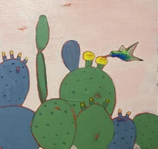Hummingbird in the Cactus Flowers small acrylic painting 