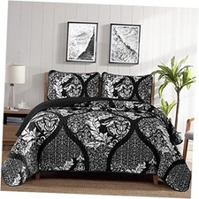 Quilt Set Queen Size, Boho Damask Bedspread Coverlet Set Queen 96"x90" Black