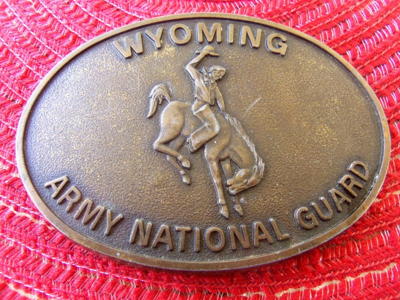 Vintage state of Wyoming Army National Guard cowboy rodeo rare brass belt buckle