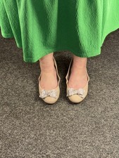 Beige Suedette Ballerina Flat Slip On Shoes Diamante Bow Used UK Size 7 EU 40 