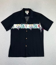 Paradise Found Shirt Mens Large Black Parrot Hawaiian Aloha Cotton Button Up