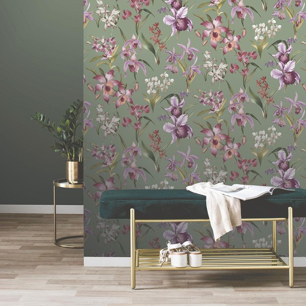 Exotische Maya Blumen Tapete Tropische Blumen Feature Wand Rasch 283654 Salbei-image