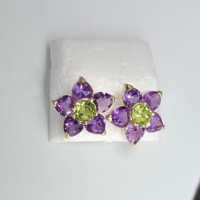Vintage 14k Yellow Gold Amethyst Peridot Flower Stud Earrings Gemstone Floral 
