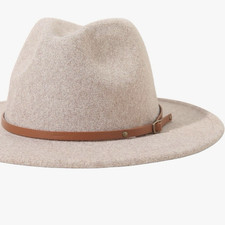 Beige/Brown Wide Brim Fedora Hat w/ Leather B...