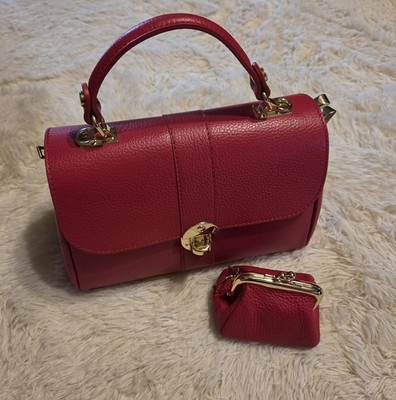 Vera Pelle Red Bowling Leather Bag w/ Coin Purse + Shoulder Strap Made in Italy