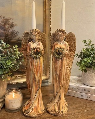 Pair Vintage Florence Art Studio Angel Candle Holders  1991 Large Rustic Decor