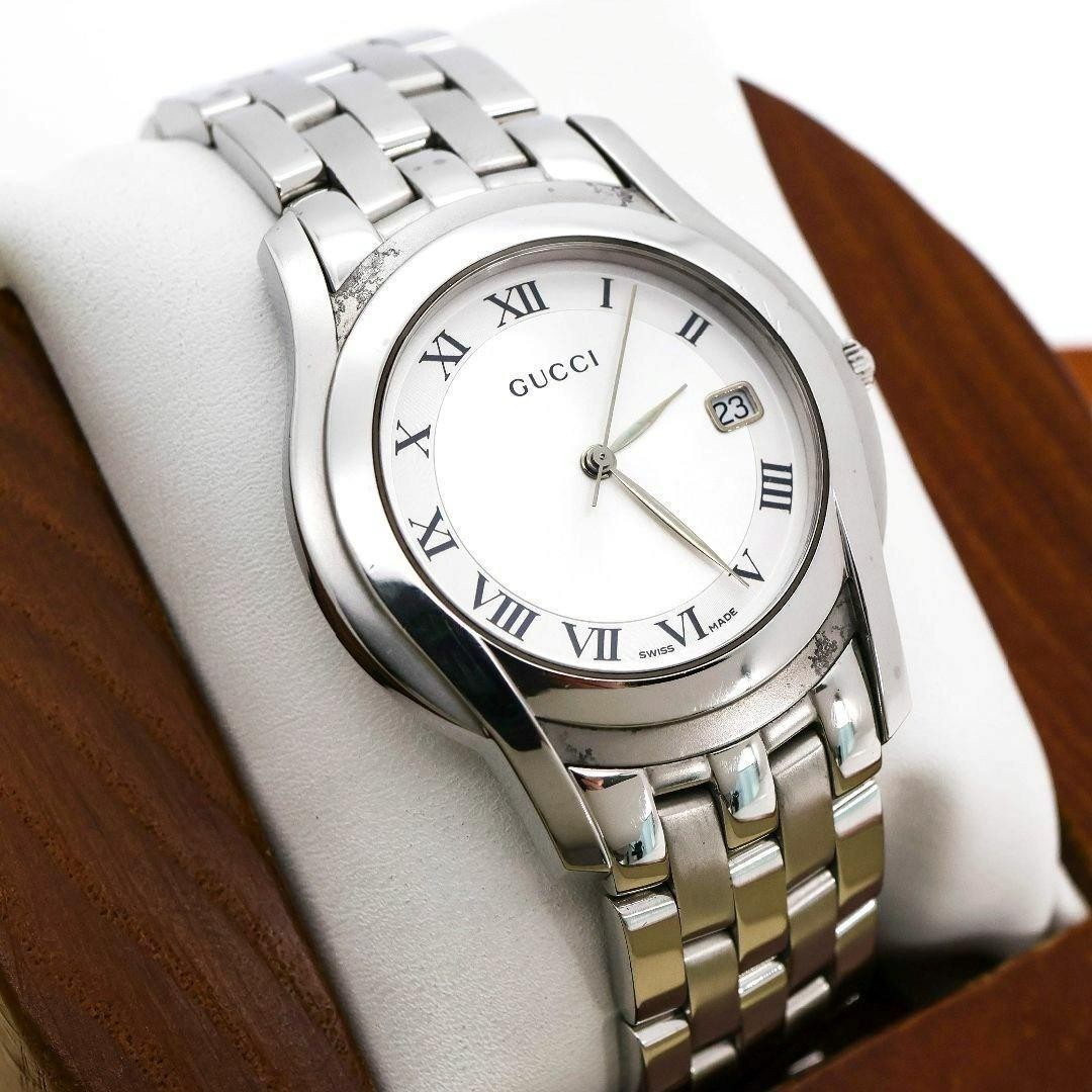 GUCCI 5500M Quartz Silver White Roman Dial Men's Watch Leather