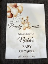 Gender neutral teddy bear baby shower personalised sign poster bearly wait