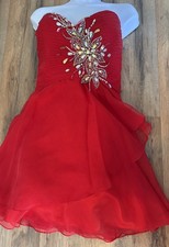 Alyce Paris Red Strapless Embellished Dress 4 Fit Flare Layered Rhinestone Party