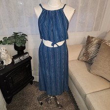 Madewell Women Dress 10 Blue white stripe Pull On Midi cutout