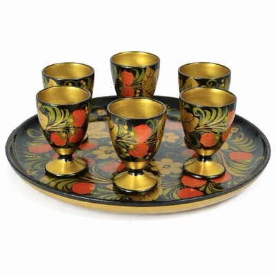 Vintage Semenov Russian Khokhloma 7 Pce Hand Painted Cups Tray Set USSR Soviet