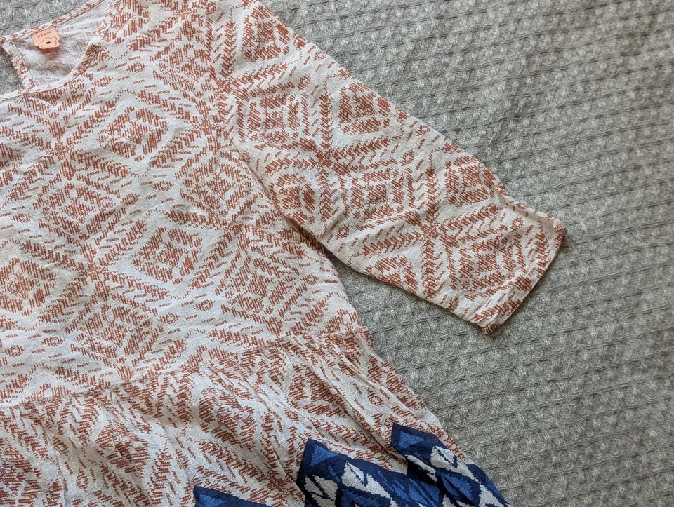 Vestido Farm Rio Mujer Pequeño Blanco Azul Geométrico Boho Manga 3/4 Cerradura Algodón Foto 4 de 4