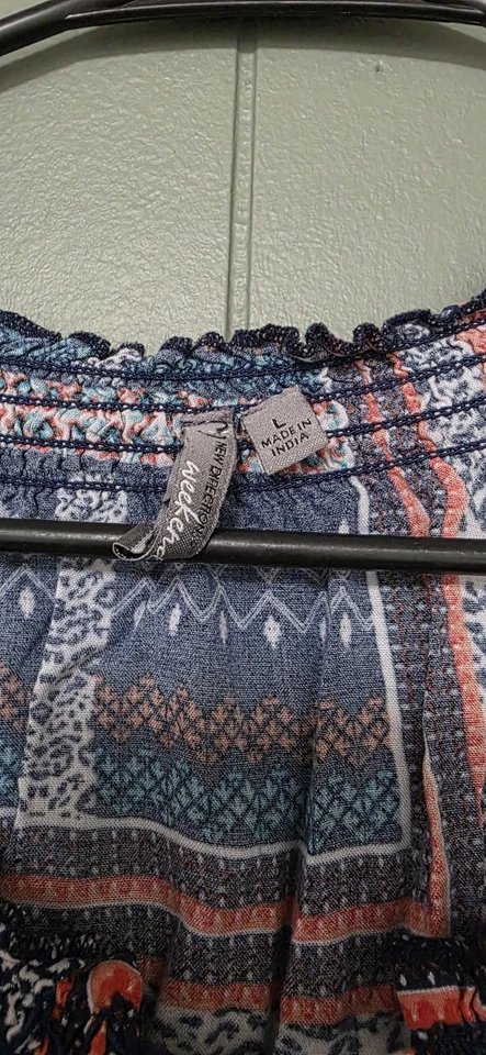 New directions paisley floral navy blue boho bohemian flare sleeve blouse L - Image 3 of 4