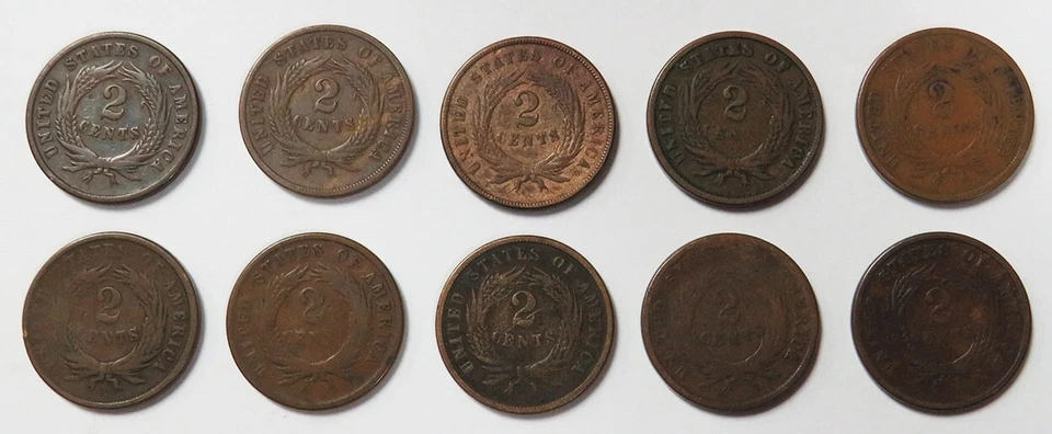 (10) 1864 - 1866 UNITED STATES 2 CENTS CIRCULATED COIN LOT - Image 2 of 2