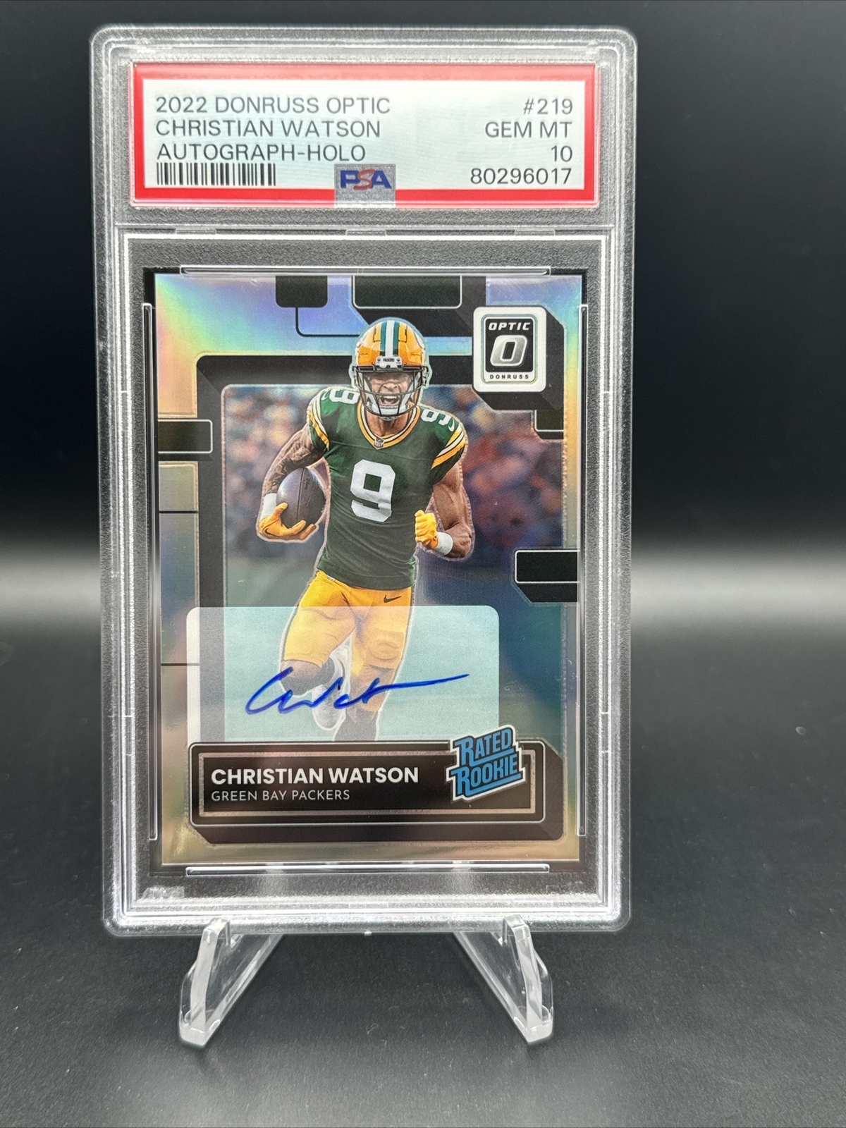 2022 CHRISTIAN WATSON OPTIC RATED ROOKIE HOLO PRIZM RC AUTO /125 Packers PSA 10