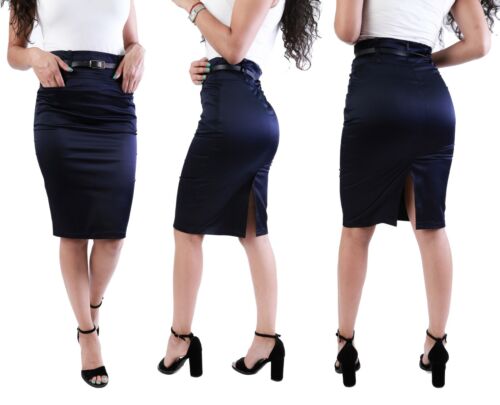 womens classic satin skirt stretch midi pencil black blue with pockets & belt - Afbeelding 1 van 17
