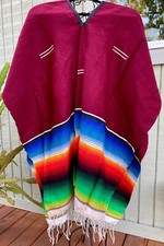 Vintage Burgundy Colorful Authentic Mexican Serape Poncho Woven Blanket 37x79