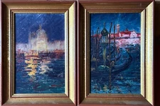 Antique Marine Painting Venice Lagoon Art Nouveau Lantern Gondola 1910 x 2