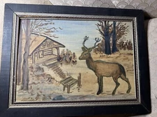Vintage Primitive "Deer By Cabin Landscape" Oil Painting - Signed And Framed