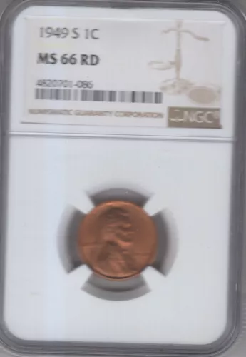 1949-S LINCOLN CENT NGC CERTIFIED MS66 RED DEEP FROSTY LUSTER